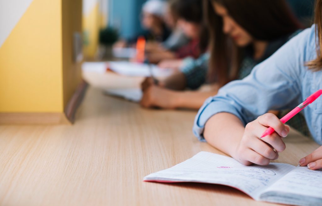 Unrecognizable schoolgirl writing in notepad.